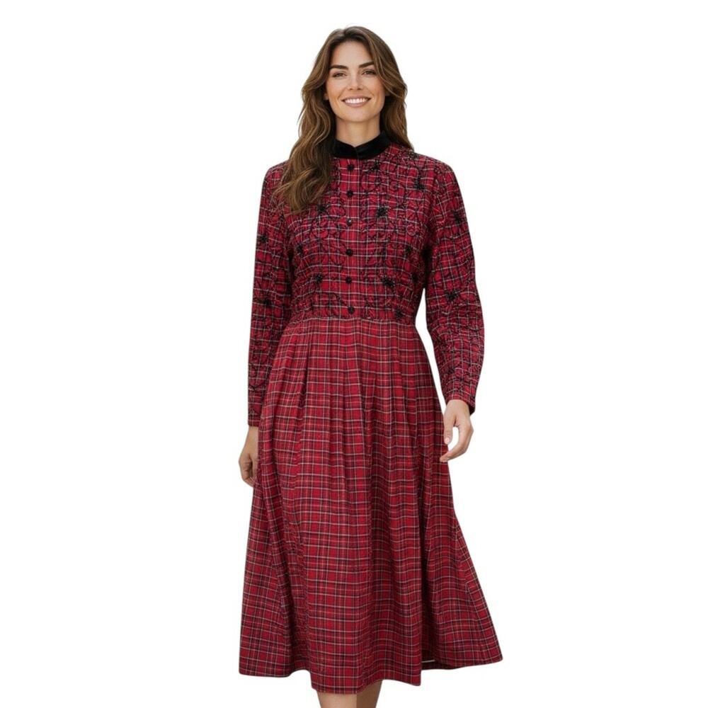 Country Wear Clothing Company Red Black Vintage 90s Plaid Embroidered Dress Sz 8